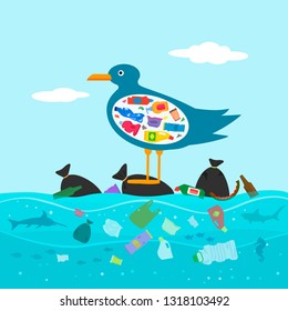 Bird Seagull with a full belly of garbage. The concept of warming the world and pollution of the seas and oceans. vector illustration