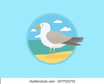 Bird Seagull isolated on a sand beach. Vector illustration of bird European Herring Gull. Vector flat illustration.