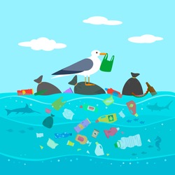 Bird Seagull Stands On A Pile Of Garbage In The Open Ocean. Concept Of World Warming And Pollution Of The Seas And Oceans. Vector Illustration