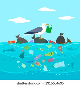 Bird seagull stands on a pile of garbage in the open ocean. concept of world warming and pollution of the seas and oceans. vector illustration