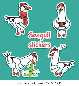 bird seagull stickers set isolated on blue background