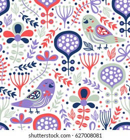 Bird seamless pattern with abstract flowers and plant. Vector illustration.