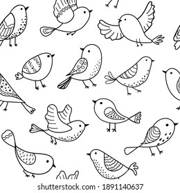 Bird seamless pattern. Background with cute hand drawn bird doodles. Black on white vector