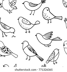 Bird seamless pattern. Background with cute hand drawn bird doodles. Black on white vector 