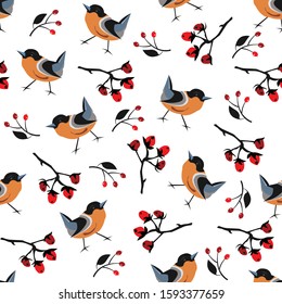 Bird Seamless Pattern. Bullfinch birds on a modern background with red berries of rowan and brier. Winter/Merry Christmas Collection.Vector Illustration.
