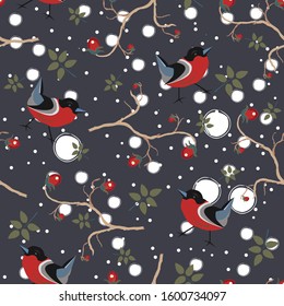 Bird Seamless Pattern. Bullfinch birds on a dark background with red berries of rowan and brier. Winter/Merry Christmas Collection.Vector Illustration.