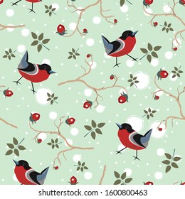 Bird Seamless Pattern. Bullfinch birds on a dark background with red berries of rowan and brier. Winter/Merry Christmas Collection.Vector Illustration.