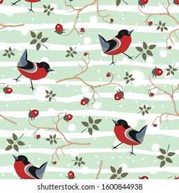 Bird Seamless Pattern. Bullfinch birds on a blue background with red berries of rowan and brier. Winter/Merry Christmas Collection.Vector Illustration.