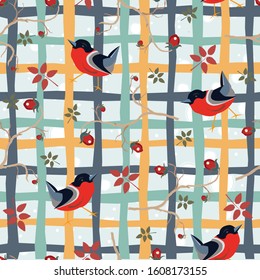 Bird Seamless Pattern. Bullfinch birds on a dark background with red berries of rowan and brier. Winter/Merry Christmas Collection.Vector Illustration.