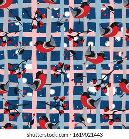 Bird Seamless Pattern. Bullfinch birds on a background with red berries of rowan and brier. Winter/Merry Christmas Collection.Vector Illustration.
