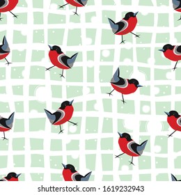 Bird Seamless Pattern. Bullfinch birds on a dark. Winter Merry Christmas Collection.Vector Illustration.