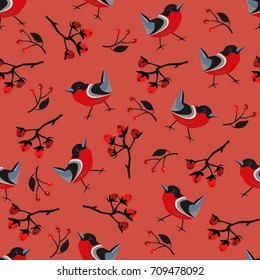 Bird Seamless Pattern. Bullfinch birds on a modern red background with red berries of rowan and brier. Winter/Merry Christmas Collection.Vector Illustration.