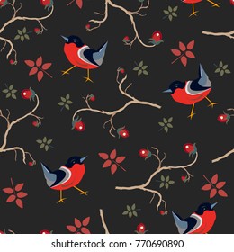 Bird Seamless Pattern. Bullfinch birds on a black background with red berries of rowan and brier. Winter/Merry Christmas Collection.Vector Illustration.