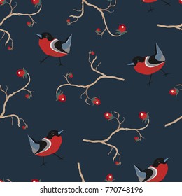 Bird Seamless Pattern. Bullfinch birds on a black background with red berries of brier. Winter/Merry Christmas Collection.Vector Illustration.