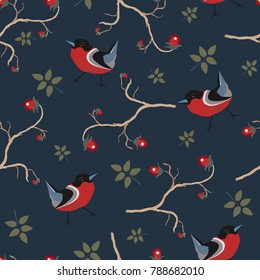 Bird Seamless Pattern. Bullfinch birds on a dark background with red berries of rowan and brier. 