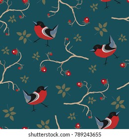 Bird Seamless Pattern. Bullfinch birds on a dark. Winter Merry Christmas Collection.Vector Illustration.