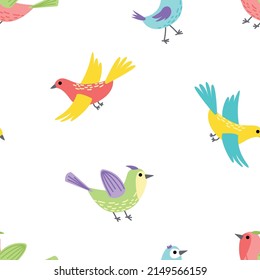 Bird. Seamless pattern with colorful bright birds. Summer or spring background. Flat, cartoon. Isolated vector illustration eps 10