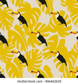 Bird seamless pattern colorful with jungle leaves toucan
