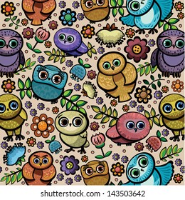 Bird seamless pattern with funny owls and colored flowers. Cartoon vector wallpaper.