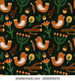 Bird seamless pattern. Hand drawn cartoon scandinavian forest bird, cute scandi nursery design. Branches, acorns and flowers on dark background. Ethnic decor textile, wrapping paper vector print