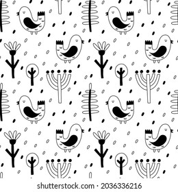Bird seamless pattern. Hand drawn doodle scandinavian forest bird, black and white colors, cute scandi poster, kids nursery design, Ethnic decor textile, wrapping paper wallpaper, vector print