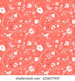 Bird seamless pattern in the living coral color
