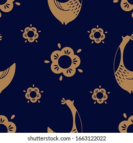 bird seamless pattern on dark blue background with flower ornament