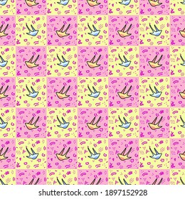 Patrón de pájaro sin costura en un fondo rosa con elementos abstractos y cuadrados rosas. Un pájaro dulce y adorable ornamentado para niños y niñas. Patrón de color suave con elementos dibujados a mano, etiqueta. Vector