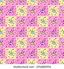Bird seamless pattern on pink background with abstract elements and pink squares. Cute and adorable seagull ornate for kids, girls. Soft color pattern with hand draw elements, hashtag. Vector