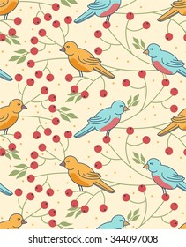 Bird seamless pattern in pastel colors. Background with branch and red berry.