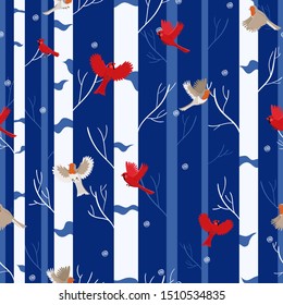 Bird seamless pattern: red cardinal and robin in the winter forest.