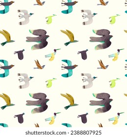 Bird seamless pattern. Watercolor vector illustration. cute animal.