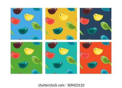 Bird Seamless Patterns. Cartoon Characters. Vector Illustration.