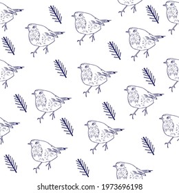 Bird seamless vector pattern.Graphic style Robbin on white . Use for fabric, wrapping paper, greeting cards.
