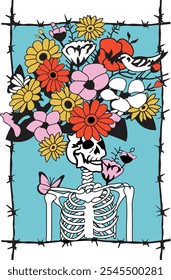 A Bird Seat on Flowers Up on the skeleton t-shirt Design vector