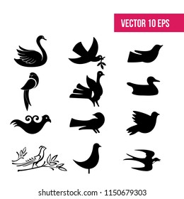 Bird set, dove flying, flat icon, 10 eps vector, icon pack