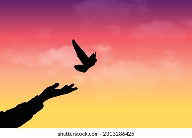 Bird set free. Hand releasing a bird vector. Freedom, hope, faith, belief, better future, Independence Day and liberty concept.