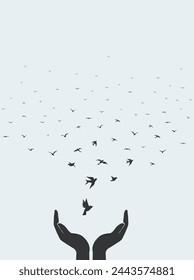 Bird set free. World bird day. Bird flying for freedom from an open hand, freedom concept, the silhouette of a bird released from hand. vector illustrations