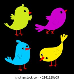 Bird set icon. Cute kawaii cartoon funny baby character. Birds collection. Decoration element. Singing song, flying, eating. Flat design. Isolated. Black background. Vector illustration