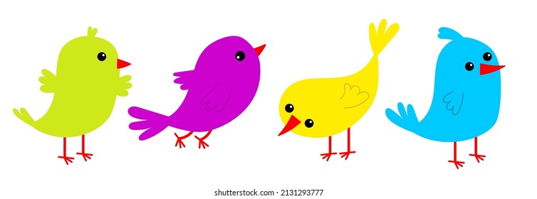 Bird set icon line. Cute cartoon kawaii funny baby character. Birds collection. Decoration element. Singing song, flying, eating. Flat design. White background. Isolated. Vector illustration