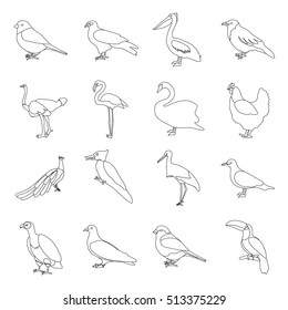 Bird set icons in outline style. Big collection of bird vector symbol stock illustration