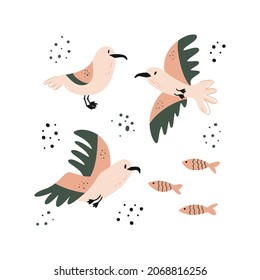 Bird set isolated vector illustration in hand drawn flat style. Seagull and fish