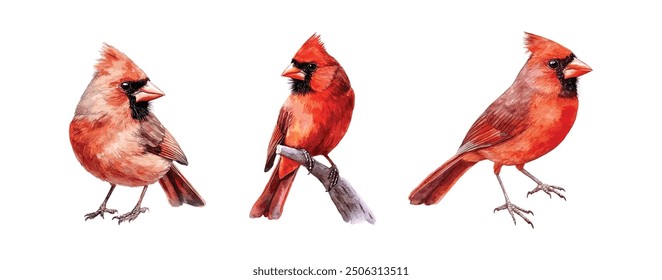 Conjunto de pájaros ilustración de acuarela. Imágenes realistas de primer plano de cardenal rojo, pájaro azul oriental, jilguero, petirrojo y wren. Hermosa colección aviar para jardín y bosque sobre un fondo blanco