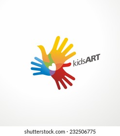 Bird shape made with children hand prints. Unique logo design concept for kids art. Preschool symbol template. Creative colorful icon and hearth in negative space.