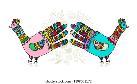 Bird shape made from hand palm and fingers, ornate sketch for your design.