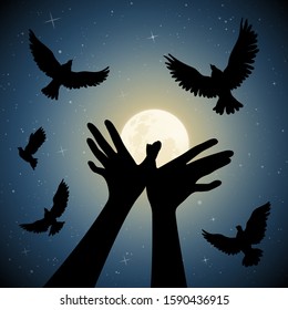 Bird shaped hands on moonlit night. Romantic vector illustration with hand gesture silhouette and flock of pigeons on starry background. Full moon in starry sky