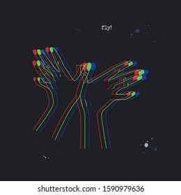 Bird shaped hands. Stereoscopic vector hand gesture, symbol of flight and freedom. Conceptual background with 3D stereo effect. Glitch illustration with body language for poster or print design