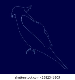 A bird is shown in a blue background. The bird is a parrot with a long tail