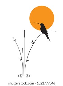 Bird silhouette and bamboo on sunset, vector. Kingfisher bird, illustration. Minimalist art design. Poster design, minimalism. Wall decals, wall art, artwork