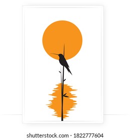 Bird silhouette and bamboo on sunset, vector. Kingfisher bird, illustration. Minimalist art design. Poster design, minimalism. Wall decals, wall art, artwork